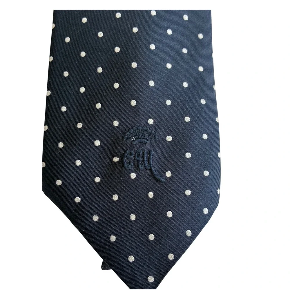 Vintage Countess Mara Navy Blue White Polka Dot Silk Tie Embroidered Logo